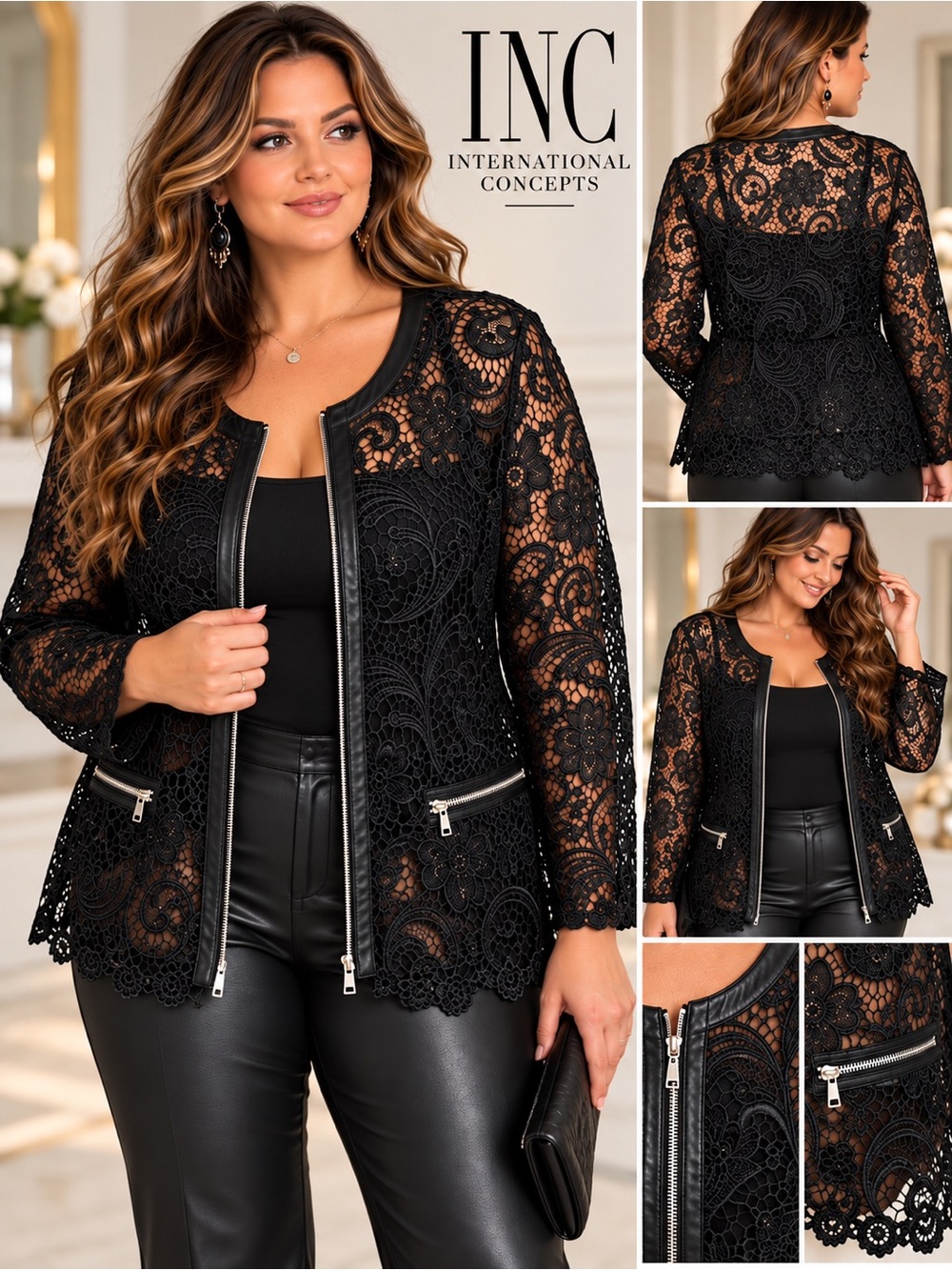 INC International Concepts Black Lace Faux Leather Trim Zip Jacket Plus 3X